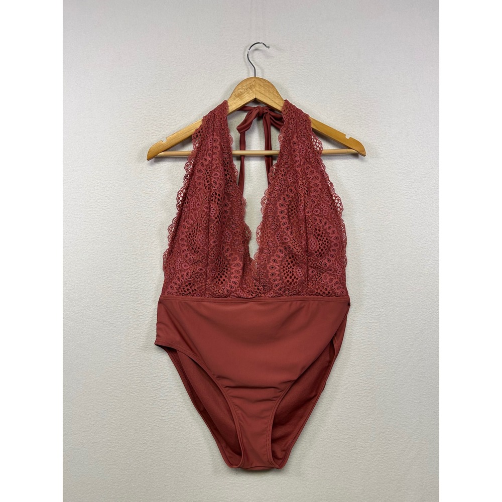 Boho Crochet Xhilaration Women XL Rust Red Lace Deep V Halter One Piece Swimsuit